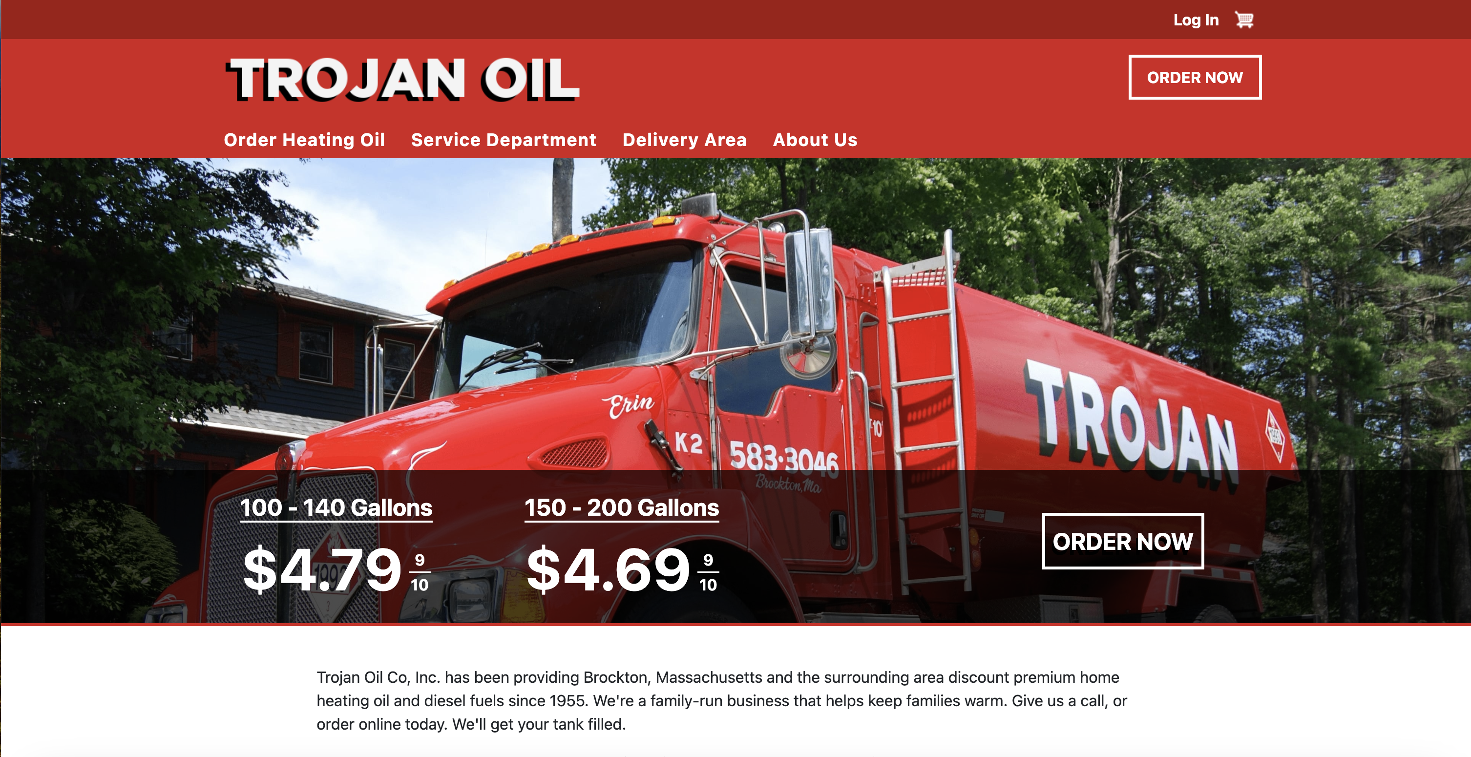 Trojan Oil home page screenshot -- oil truck and oil prices