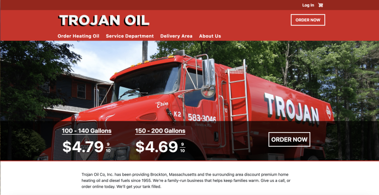 Trojan Oil home page screenshot -- oil truck and oil prices