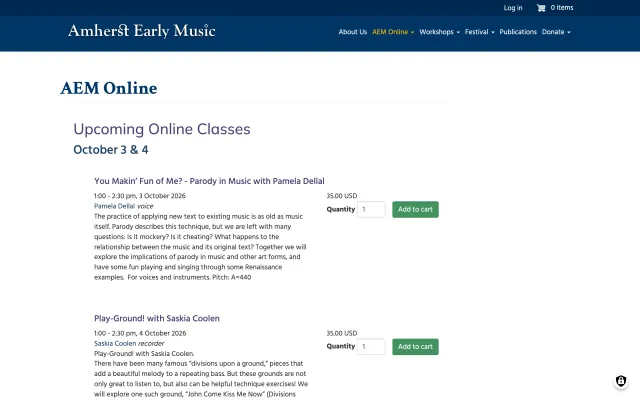 AEM Online class listings with add-to-cart buttons