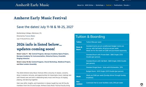 Amherst Early Music Festival page with tuition and boarding details