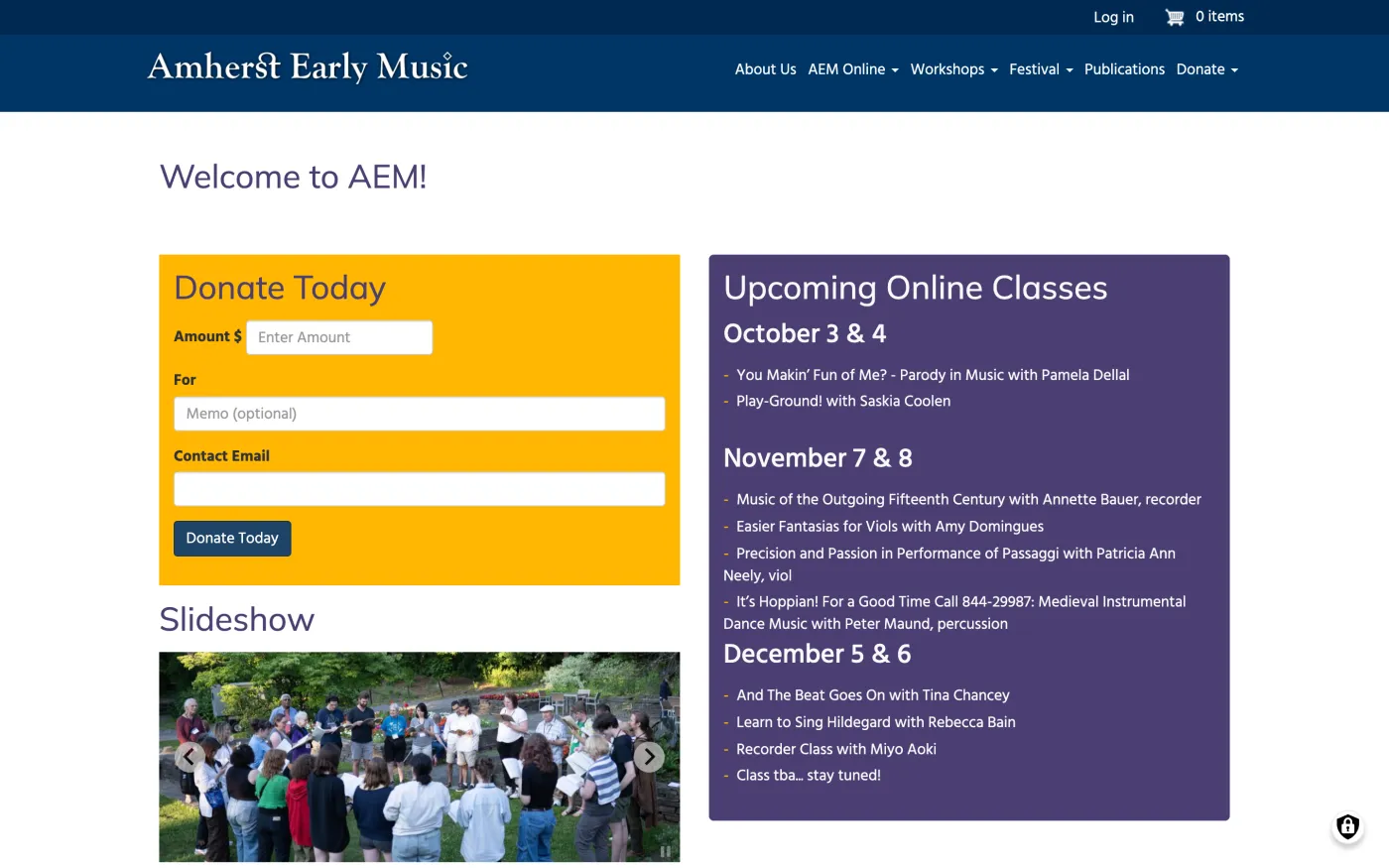 Amherst Early Music home page with donation form and upcoming online classes