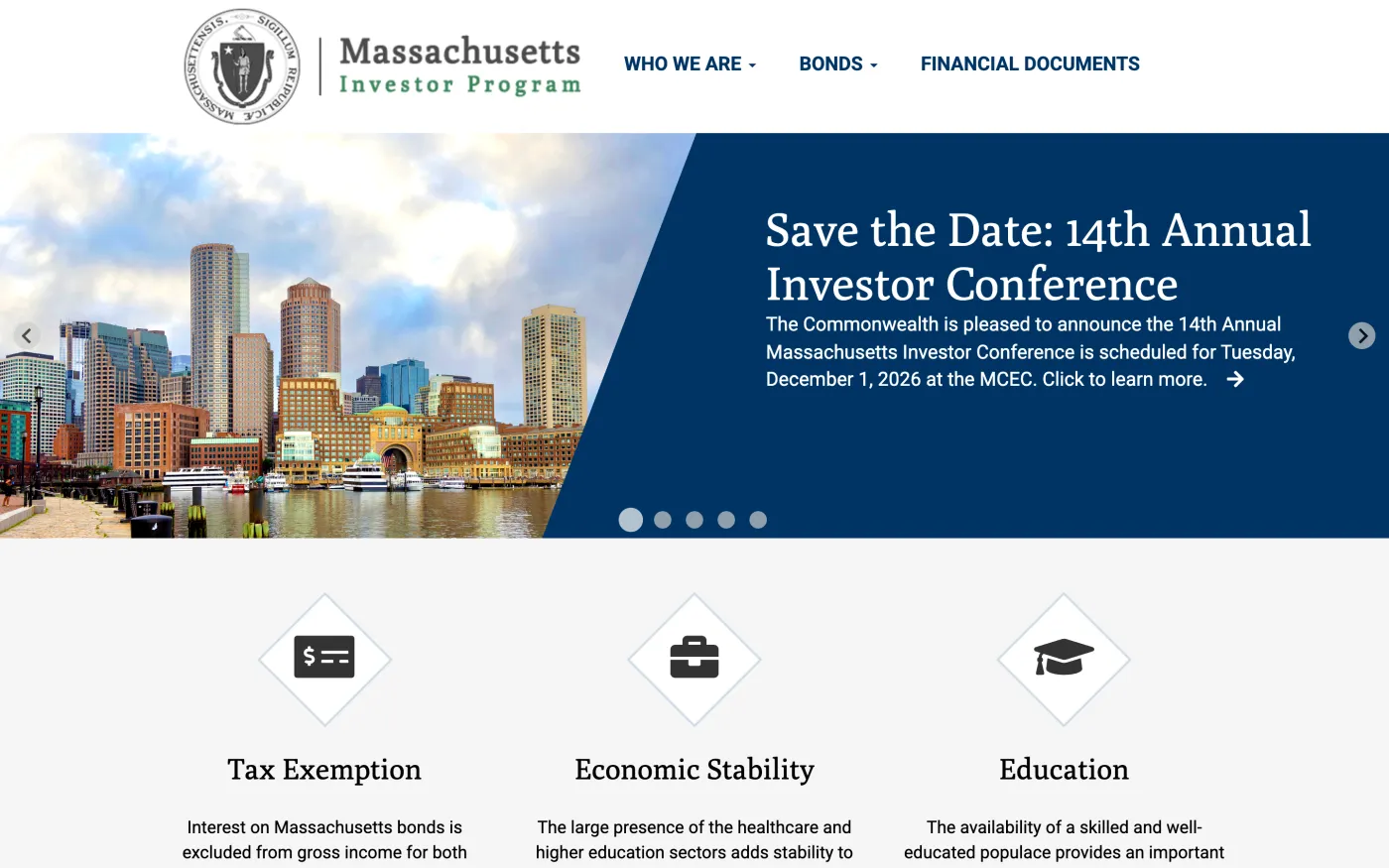 Massachusetts Investor Program home page with investor conference announcement